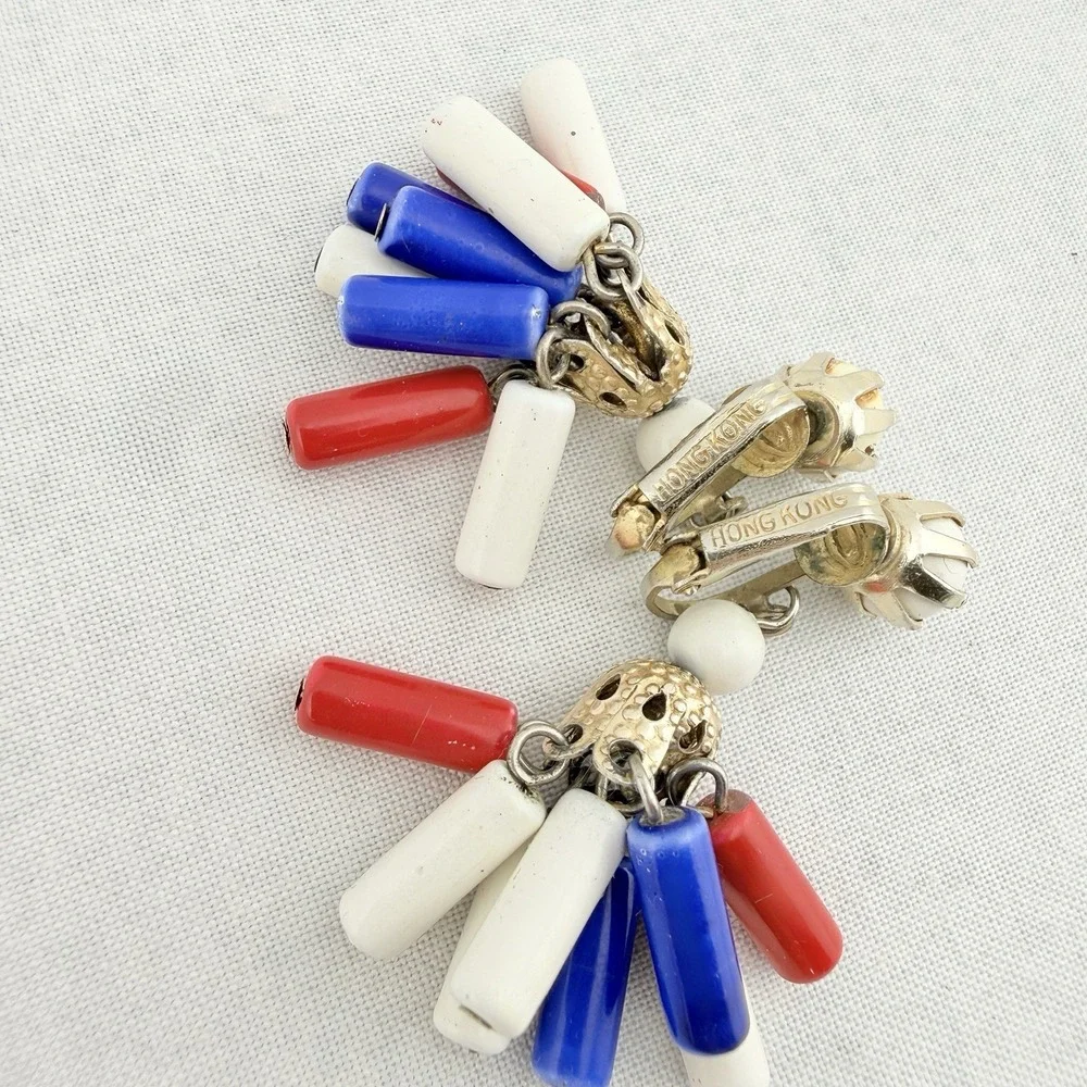 Vintage Patriotic Jewelry Lot Necklace Clip On Earrings Brooch July 4th USA Flag